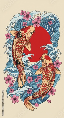 Wallpaper Mural Japanese Koi Fish Tattoo with Waves and Cherry Blossoms Torontodigital.ca