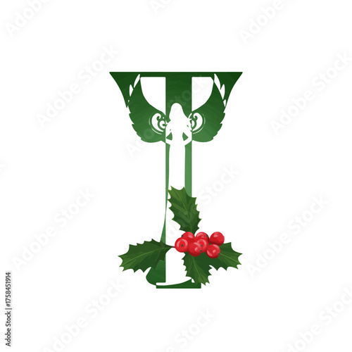 Christmas angel family monogram. Letter T on white background
