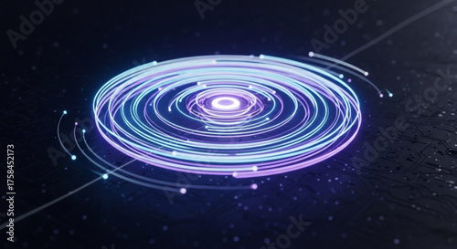 Abstract glowing circle with light trails and particles, creating a futuristic and technological visual effect