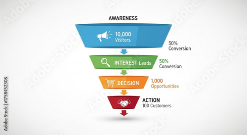 Sales funnel illustration showing the customer journey from awareness to action