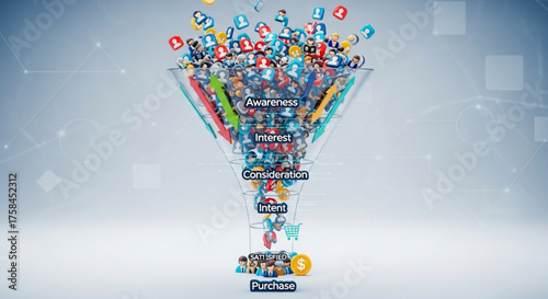 Illustrating the customer journey through the sales funnel, from awareness to purchase, with icons representing each stage