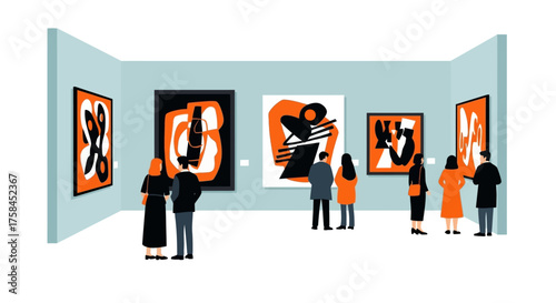 Art enthusiasts marvel at a captivating display of abstract paintings within a contemporary gallery, highlighting modern artistic expression