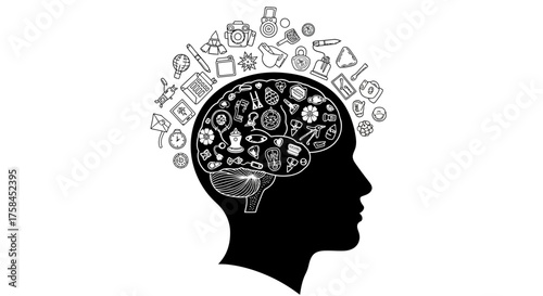 Black and white vector illustration of a human head silhouette with a brain and a cloud of icons representing knowledge and creative thinking