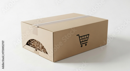 A cardboard box with a shopping cart icon, ready for shipping and delivery to the customer