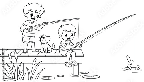 Vector illustration of two young boys and a dog fishing together on a dock silhouette