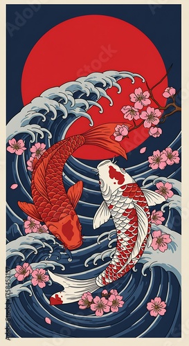 Wallpaper Mural Japanese Koi Fish Tattoo with Waves and Cherry Blossoms Torontodigital.ca