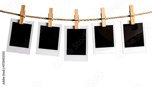 Five blank instant photos hanging on a twine clothesline