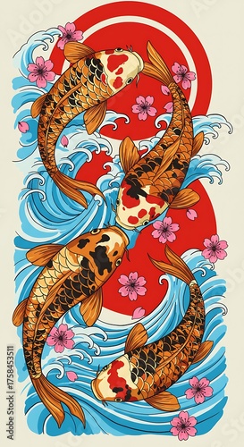 Wallpaper Mural Japanese Koi Fish Tattoo with Waves and Cherry Blossoms Torontodigital.ca