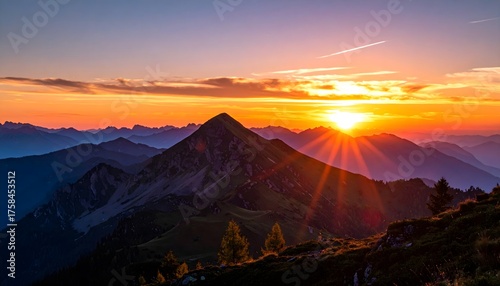 Sunset over mountain range with vibrant orange sky