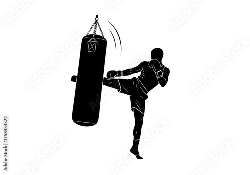 Martial artist performing a high kick on a punching bag in a dynamic vector silhouette illustration