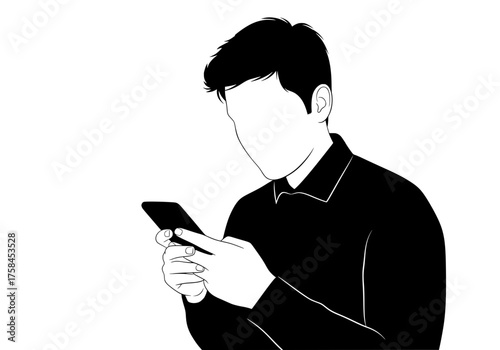 Man using smartphone vector silhouette illustration on white background depicting modern digital communication