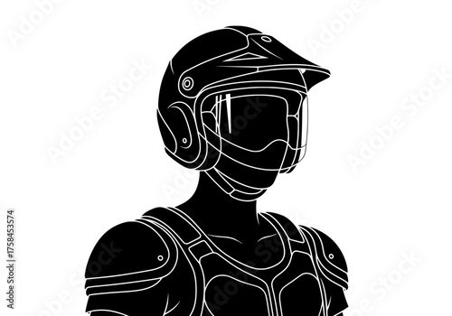 Motocross rider silhouette vector graphic wearing protective helmet and body armor for extreme off-road sport