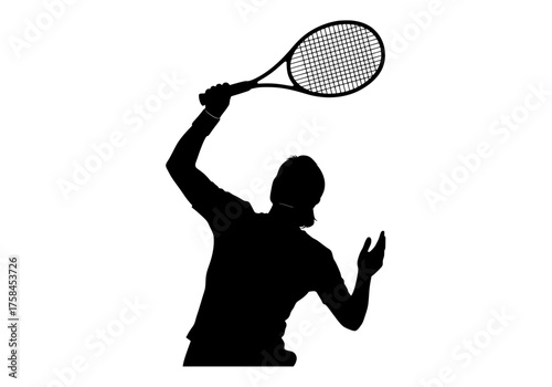 Powerful vector silhouette of a female tennis player serving with a tennis racket during an intense match