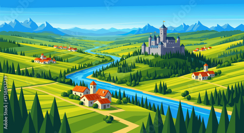 Picturesque valley with a river, castle, and village nestled among rolling hills and mountains in daylight