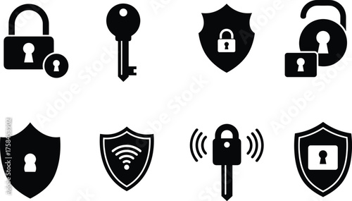 Security icons set, padlock, key, shield, wireless protection, encryption, access control, cybersecurity, smart lock, privacy, data safety, secure system