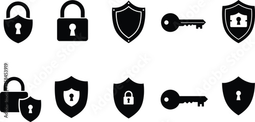 Security icon set, padlock and shield, keyhole protection, cybersecurity symbols, data safety, access control, encryption, privacy, secure login, vector illustration