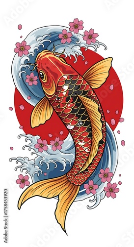 Wallpaper Mural Japanese Koi Fish Tattoo with Waves and Cherry Blossoms Torontodigital.ca