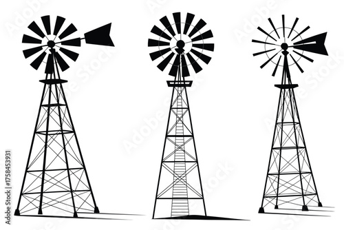 Vector illustration set of three rustic windmills in a declarative black and white style silhouette