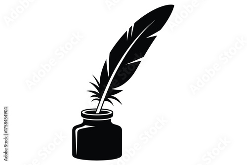 Minimalist black and white illustration of a quill pen in an inkwell for classic writing and art silhouette