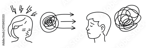 Vector illustration of communication breakdown and mental overload in a line art style silhouette