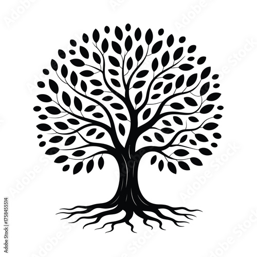 Striking black and white graphic illustration of a detailed tree of life vector silhouette