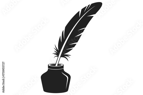 Minimalist black and white illustration of a feather and inkwell vector graphic silhouette