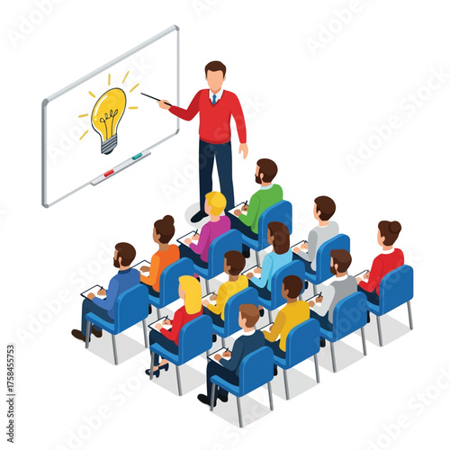 Teacher points to lightbulb on whiteboard, students in classroom attend lesson