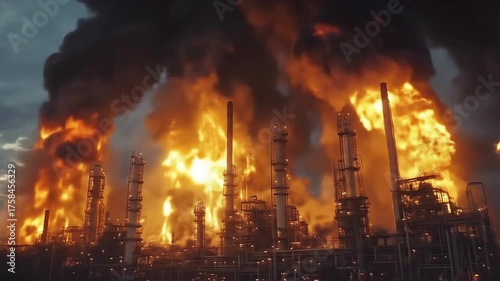 Industrial facility fire at night