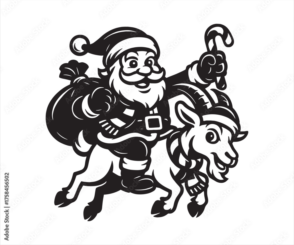 Fototapeta premium Santa Claus with Goat Vector | Funny Christmas Farm Animal Illustration | Holiday Clipart