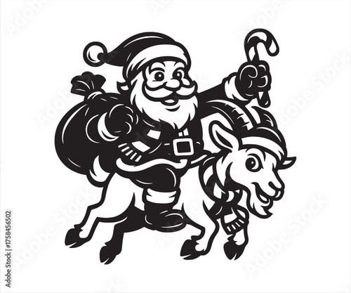 Santa Claus with Goat Vector | Funny Christmas Farm Animal Illustration | Holiday Clipart