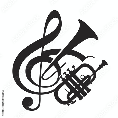 Minimalist vector illustration of a treble clef and trumpet for music concepts silhouette