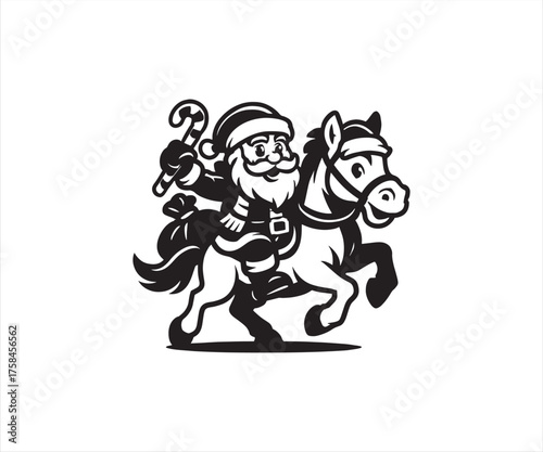 Santa Claus with Horse Vector | Christmas Santa Riding Horse Illustration | Holiday Clipart
