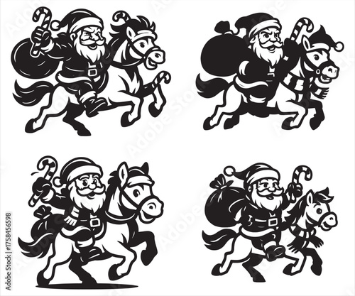Santa Claus with Horse Vector | Christmas Santa Riding Horse Illustration | Holiday Clipart