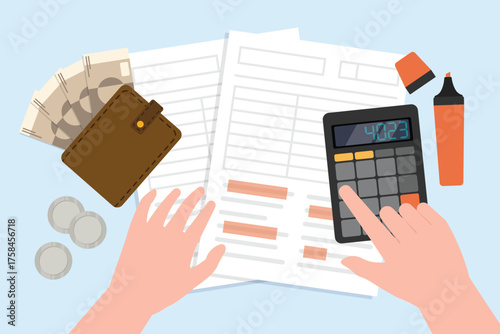 Top view with hand press the calculator button with payment bill paper document and money wallet with banknote and silver coin.