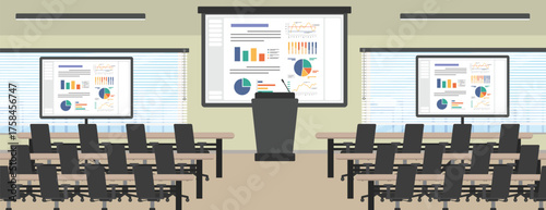 Conference hall for large audience sitting table place, Speaker presentation podium with multiple big screen data showing on room hall.