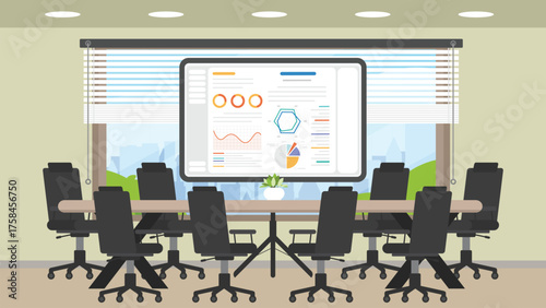 Working space conference room with a large windows with long wooden table and data display screen on the center.
