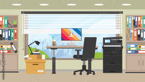 Small working room for working with desktop computer monitor screen, Working space with printer and file binder shelf office filing cabinet.
