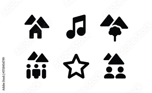 Set of six minimalist black and white icons representing houses music mountains people and star silhouette