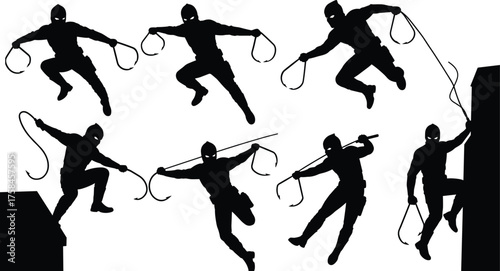 Ninja or masked assassin silhouettes set, dynamic action poses with grappling hooks and rope, climbing, jumping, and fighting vector graphics, isolated spy figures.