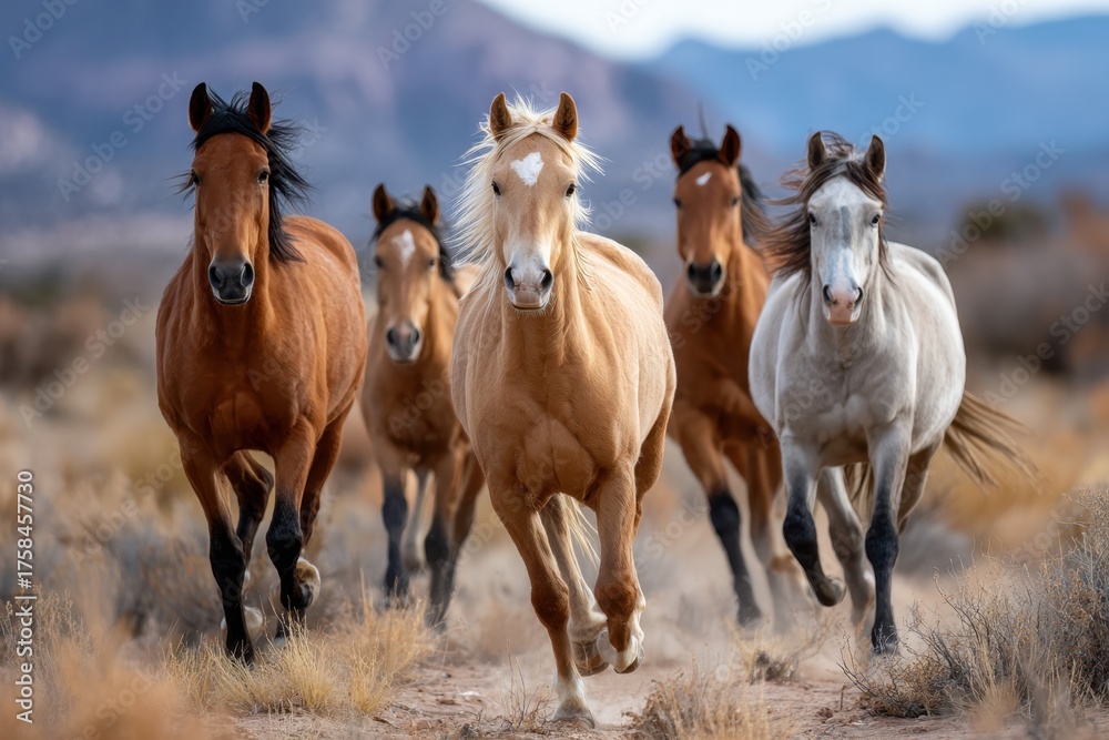 Fototapeta premium Wild Horses Running Free in Desert Landscape