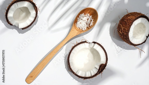 Whole and Halved Coconuts With a Spoonful of Coconut Flakes on a White Surface With Palm Leaf Shadows and Sunlight