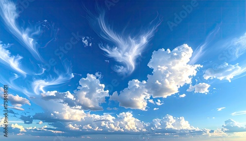 Vast Blue Sky With Wispy Clouds And Dramatic Cumulus Formations During Daytime With Gentle Sunlight