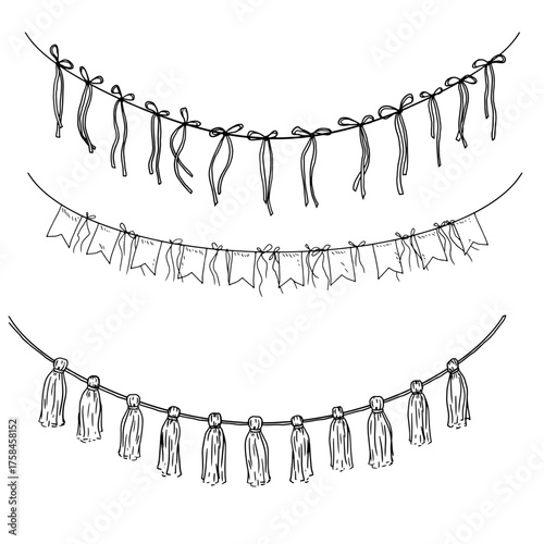Fringe of tassels, bows and ribbons, black and white sketch. Vector illustration. A festive garland, a set of silhouettes, isolated on a white background. For holiday postcards, invitations, banners