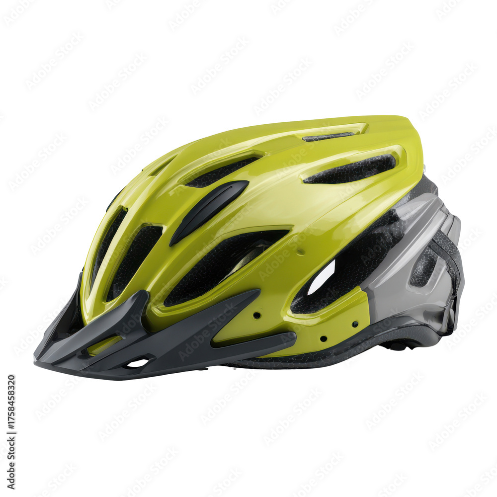 Fototapeta premium Bright yellow and grey bicycle helmet with black vents and visor cycling safety, Isolated On Black Background, Png Transparent Background, Cut Out
