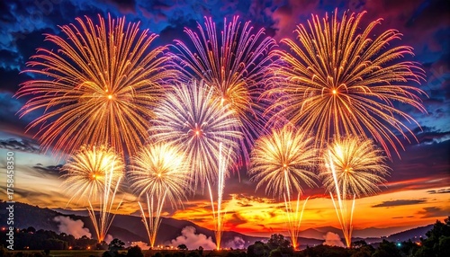 Vibrant Fireworks Display Illuminating the Evening Sky with Fiery Colors Over a Hilly Landscape During Sunset