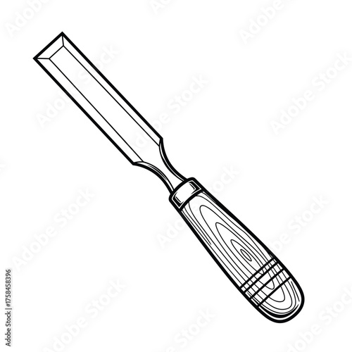 A sharp woodworking chisel tool with a wooden handle for carving and shaping materials.