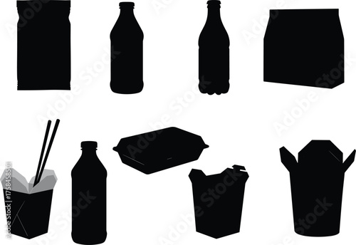 Silhouette food packaging, snack bag, soda bottle, takeout container, chopsticks, clamshell box, beverage icons, restaurant delivery, black vector illustration