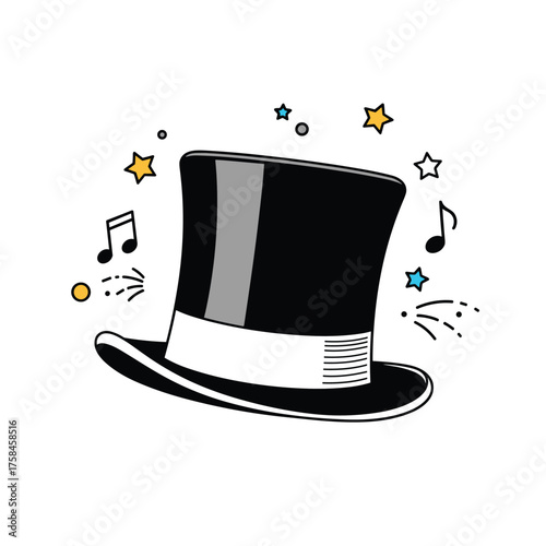 A black top hat with a white band and colorful stars and musical notes floating around it.