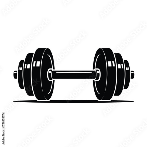 A simple illustration of a black dumbbell on a white background. 