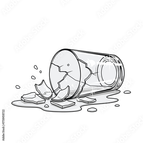 A shattered drinking glass lies on its side with fragments and liquid spilled.